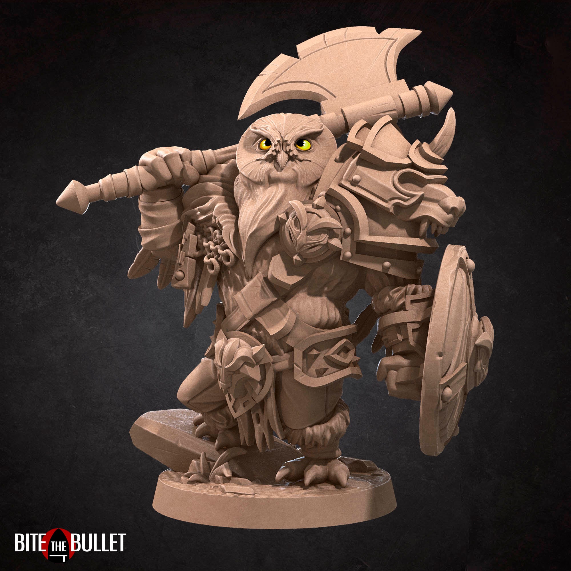 Owlfolk barbarian (anthropomorphic owl) resin miniature by Bite the Bullet.